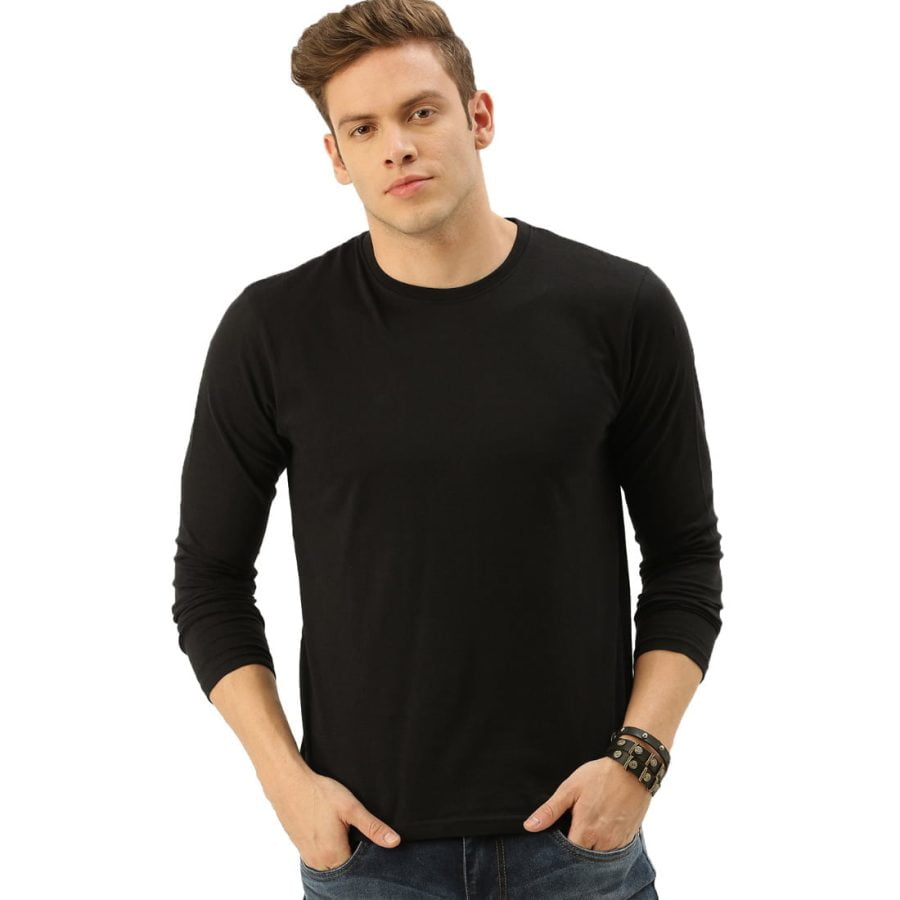 Men's Black Full Sleeve Round Neck Plain T-Shirt - DrunkenMonk.in