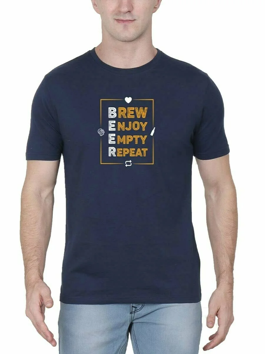 Brew Enjoy Empty Repeat Box Navy Blue Beer T Shirt - DrunkenMonk.in